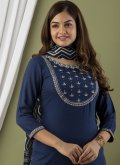 Cotton  Salwar Suit in Blue Enhanced with Embroidered - 1
