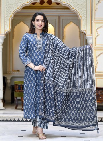 Cotton  Salwar Suit in Blue Enhanced with Printed