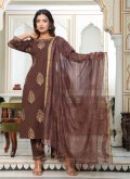 Cotton  Salwar Suit in Brown Enhanced with Embroidered - 1