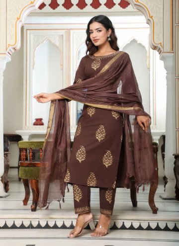 Cotton  Salwar Suit in Brown Enhanced with Embroid