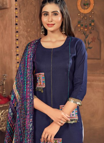Cotton  Salwar Suit in Navy Blue Enhanced with Embroidered