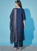 Cotton  Salwar Suit in Navy Blue Enhanced with Embroidered - 1