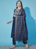 Cotton  Salwar Suit in Navy Blue Enhanced with Embroidered - 2
