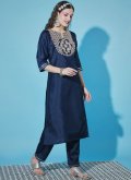 Cotton  Salwar Suit in Navy Blue Enhanced with Embroidered - 3