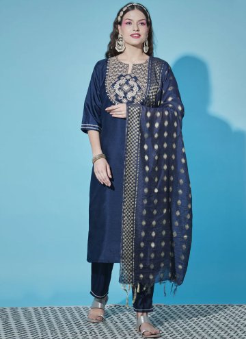 Cotton  Salwar Suit in Navy Blue Enhanced with Emb