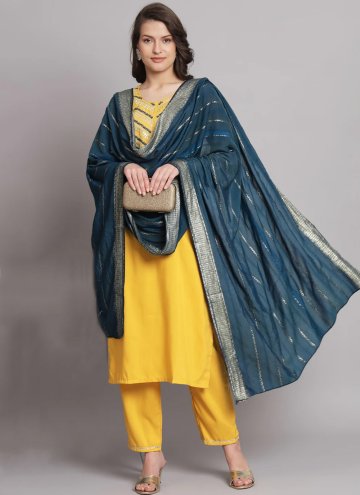 Cotton  Salwar Suit in Yellow Enhanced with Embroidered