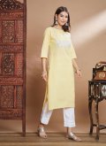 Cotton  Salwar Suit in Yellow Enhanced with Embroidered - 3
