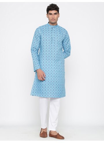 Cotton Satin Kurta Pyjama in Aqua Blue Enhanced with Printed