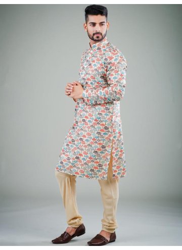 Cotton Satin Kurta Pyjama in Multi Colour Enhanced with Printed