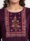 Cotton Silk Casual Kurti in Wine Enhanced with Embroidered - 1