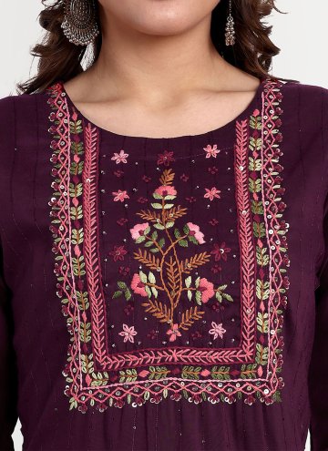 Cotton Silk Casual Kurti in Wine Enhanced with Embroidered