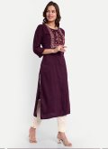 Cotton Silk Casual Kurti in Wine Enhanced with Embroidered - 3