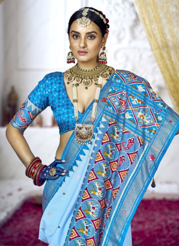 Cotton Silk Classic Designer Saree in Aqua Blue Enhanced with Designer