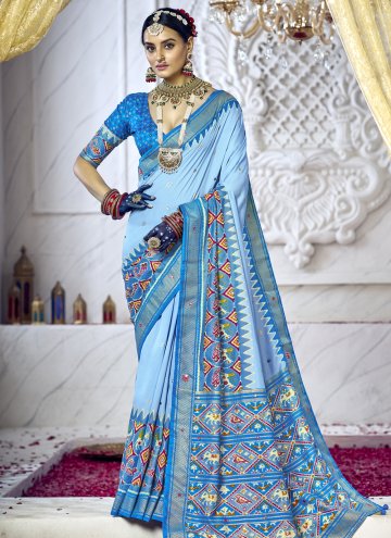 Cotton Silk Classic Designer Saree in Aqua Blue Enhanced with Designer