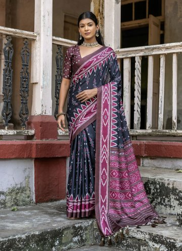 Cotton Silk Contemporary Saree in Black Enhanced with Printed