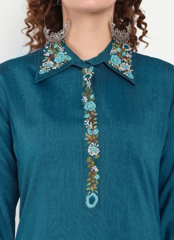 Cotton Silk Designer Kurti in Teal Enhanced with Embroidered