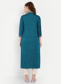 Cotton Silk Designer Kurti in Teal Enhanced with Embroidered - 2