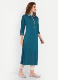 Cotton Silk Designer Kurti in Teal Enhanced with Embroidered - 3