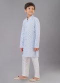 Cotton Silk Kurta Pyjama in Aqua Blue Enhanced with Embroidered - 1