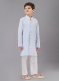 Cotton Silk Kurta Pyjama in Aqua Blue Enhanced with Embroidered - 2