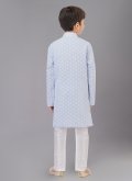Cotton Silk Kurta Pyjama in Aqua Blue Enhanced with Embroidered - 3