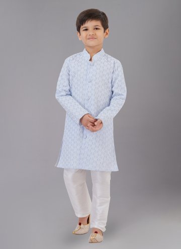 Cotton Silk Kurta Pyjama in Aqua Blue Enhanced with Embroidered