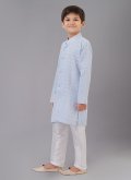 Cotton Silk Kurta Pyjama in Aqua Blue Enhanced with Embroidered - 1