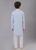 Cotton Silk Kurta Pyjama in Aqua Blue Enhanced with Embroidered - 3