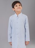Cotton Silk Kurta Pyjama in Aqua Blue Enhanced with Embroidered - 4