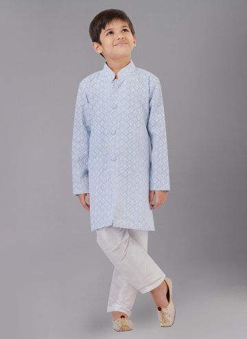 Cotton Silk Kurta Pyjama in Aqua Blue Enhanced with Embroidered