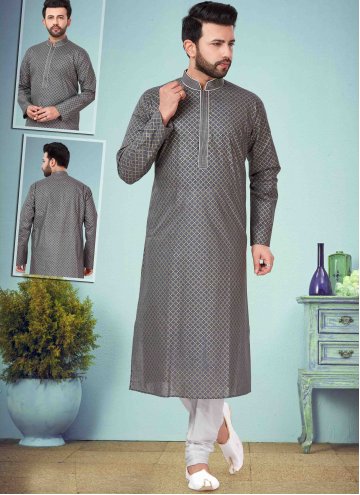 Cotton Silk Kurta Pyjama in Grey Enhanced with Printed