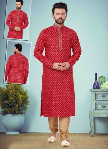 Cotton Silk Kurta Pyjama in Red Enhanced with Embroidered