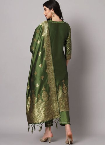 Cotton Silk Pant Style Suit in Green Enhanced with Jacquard Work