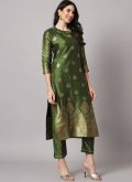 Cotton Silk Pant Style Suit in Green Enhanced with Jacquard Work - 3