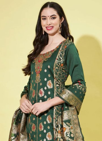 Cotton Silk Salwar Suit in Green Enhanced with Jacquard Work