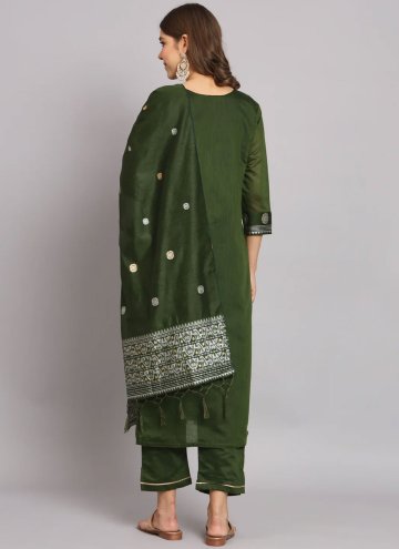 Cotton Silk Salwar Suit in Green Enhanced with Woven
