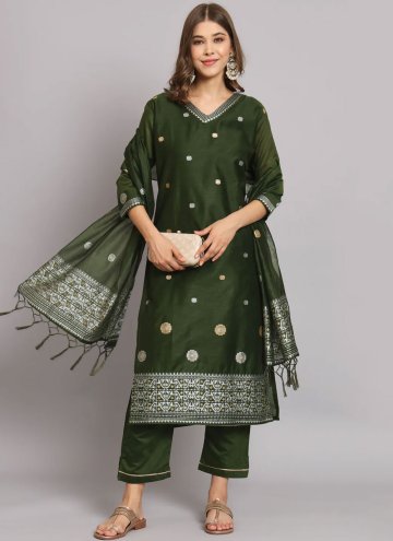 Cotton Silk Salwar Suit in Green Enhanced with Woven