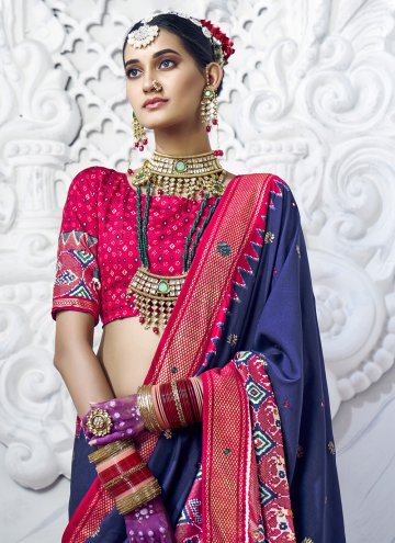 Cotton Silk Trendy Saree in Navy Blue Enhanced with Designer