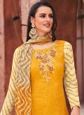 Cotton  Straight Salwar Kameez in Mustard Enhanced with Printed - 1