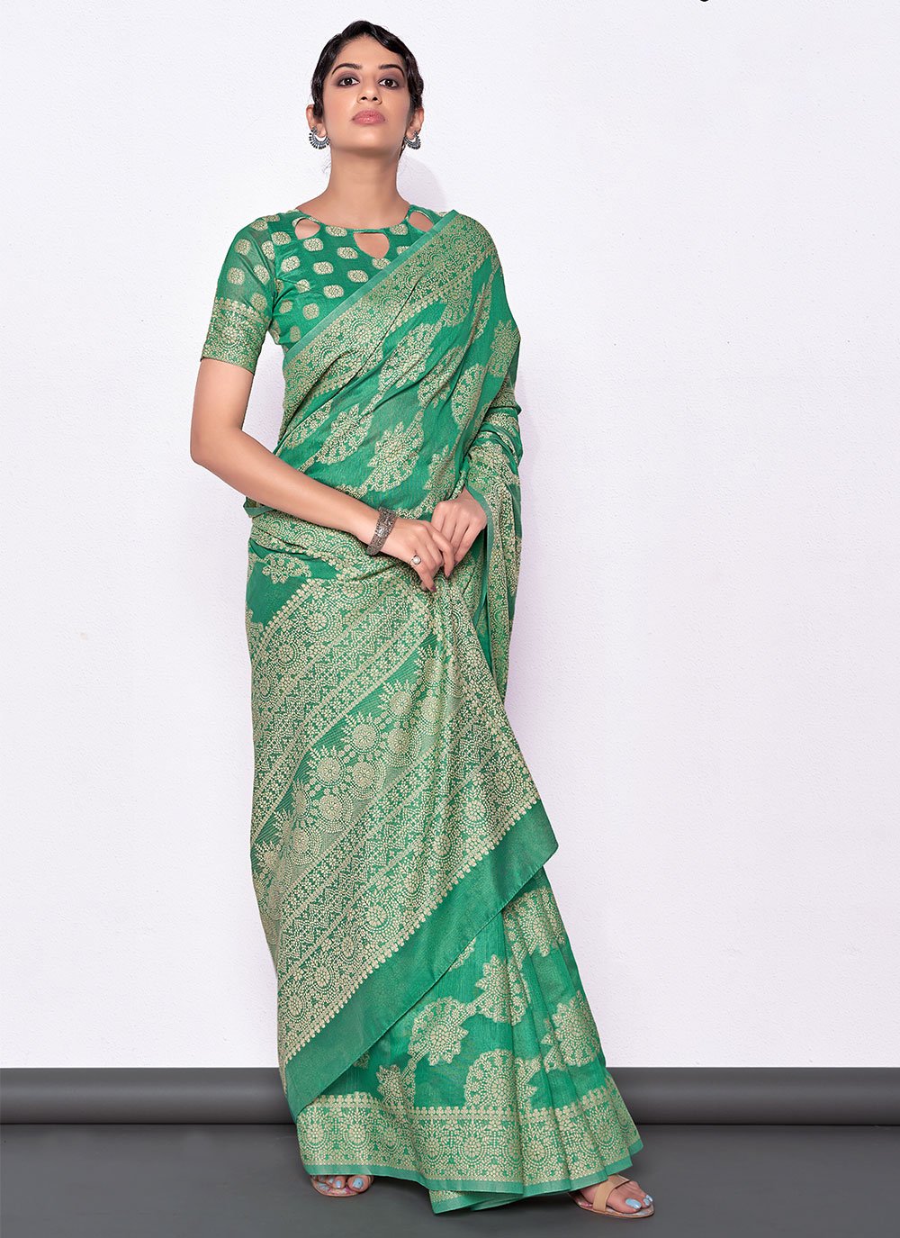 Cotton  Traditional Saree in Green Enhanced with Woven