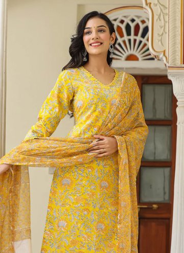 Cotton  Trendy Salwar Kameez in Yellow Enhanced with Printed