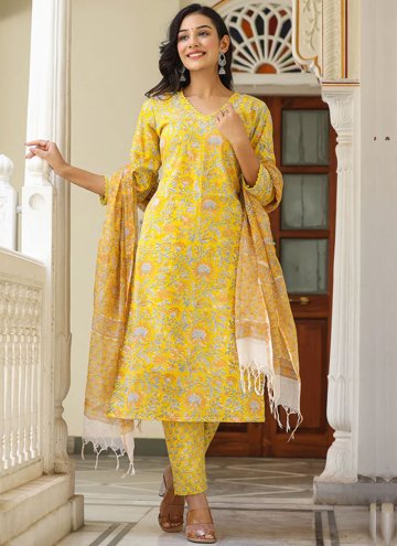 Cotton  Trendy Salwar Kameez in Yellow Enhanced with Printed