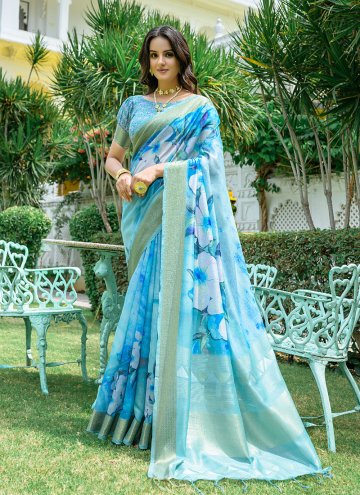 Cotton  Trendy Saree in Blue Enhanced with Digital Print