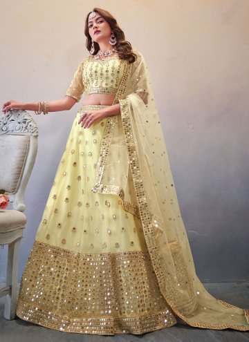 Cream A Line Lehenga Choli in Net with Embroidered
