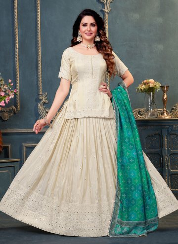 Cream A Line Lehenga Choli in Silk with Embroidered