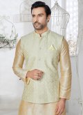 Cream and Green color Banarasi Kurta Payjama With Jacket with Fancy work - 1