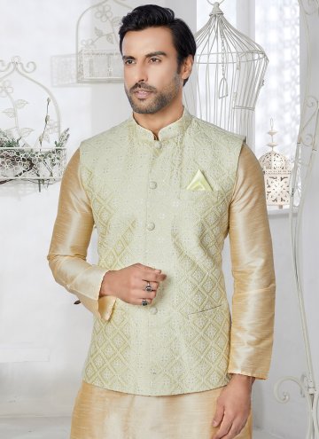 Cream and Green color Banarasi Kurta Payjama With Jacket with Fancy work