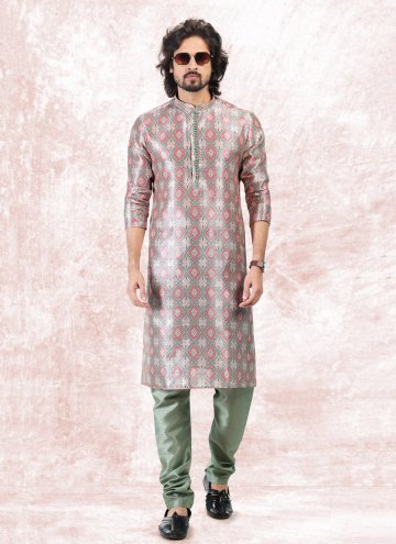 Cream and Green color Fancy work Banarasi Jacquard Kurta Pyjama