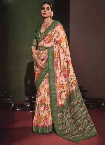 Cream and Green color Printed Tussar Silk Trendy Saree