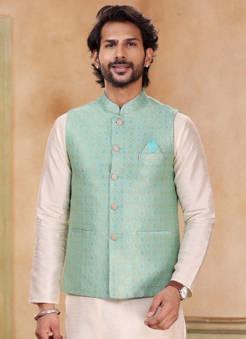 Cream and Green Kurta Payjama With Jacket in Banarasi with Fancy work